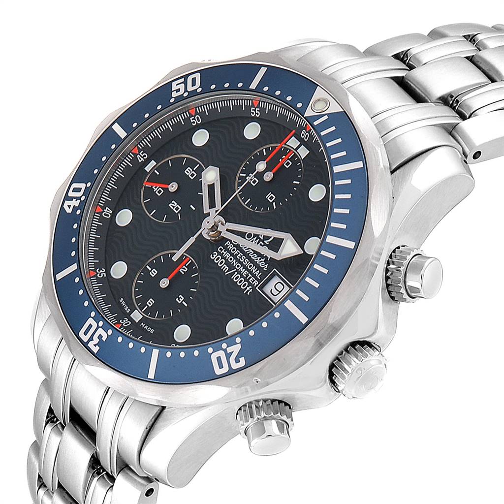 The Omega Seamaster 2599.80.00 Men
s Stainless Steel Blue Dial 2599.80.00 Men
s Stainless Steel Blue Dial watch is shown at an angled view, displaying the face, bezel, crown, pushers, and part of the bracelet.