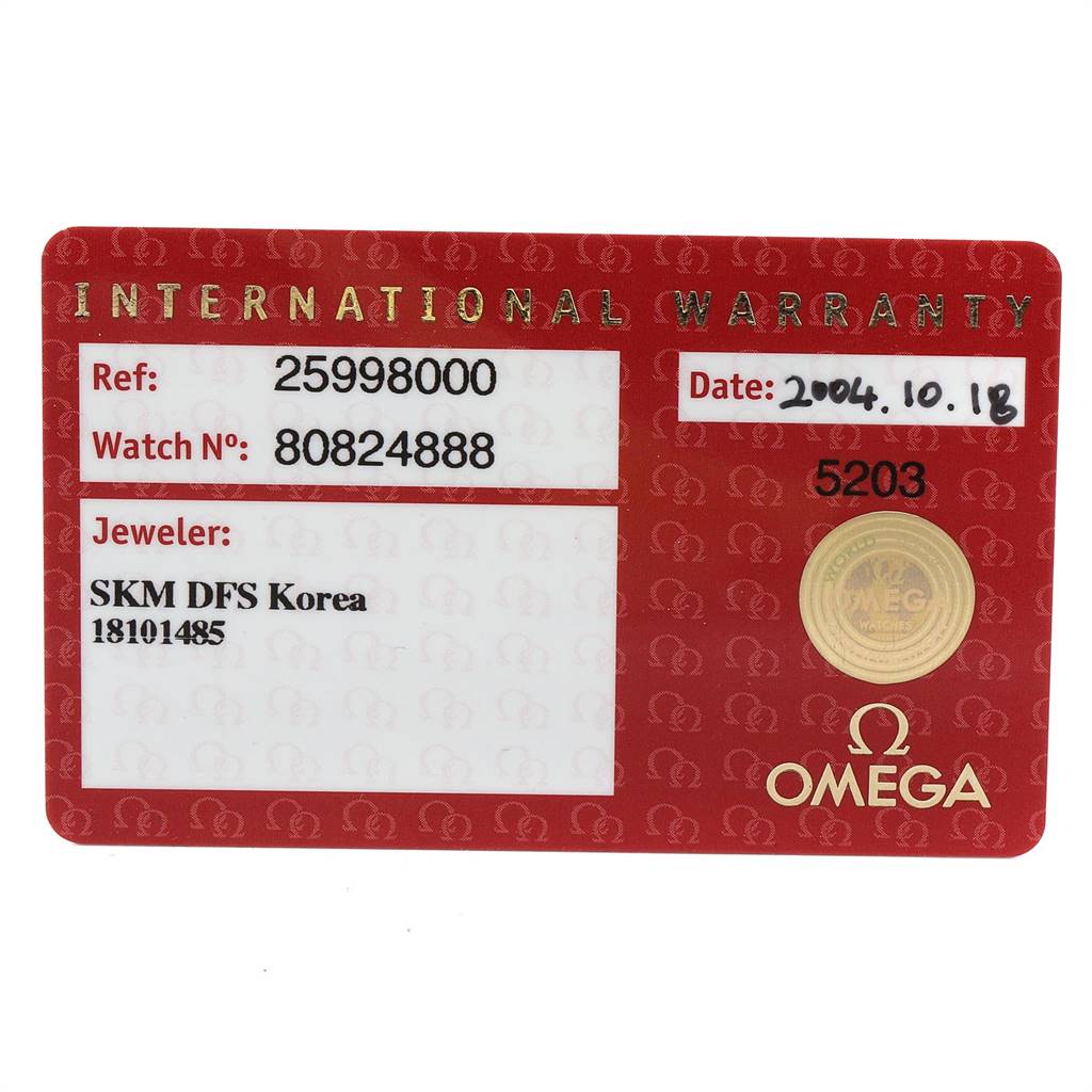 The image shows the international warranty card for the Omega Seamaster 2599.80.00 Men
s Stainless Steel Blue Dial 2599.80.00 Men
s Stainless Steel Blue Dial watch model.