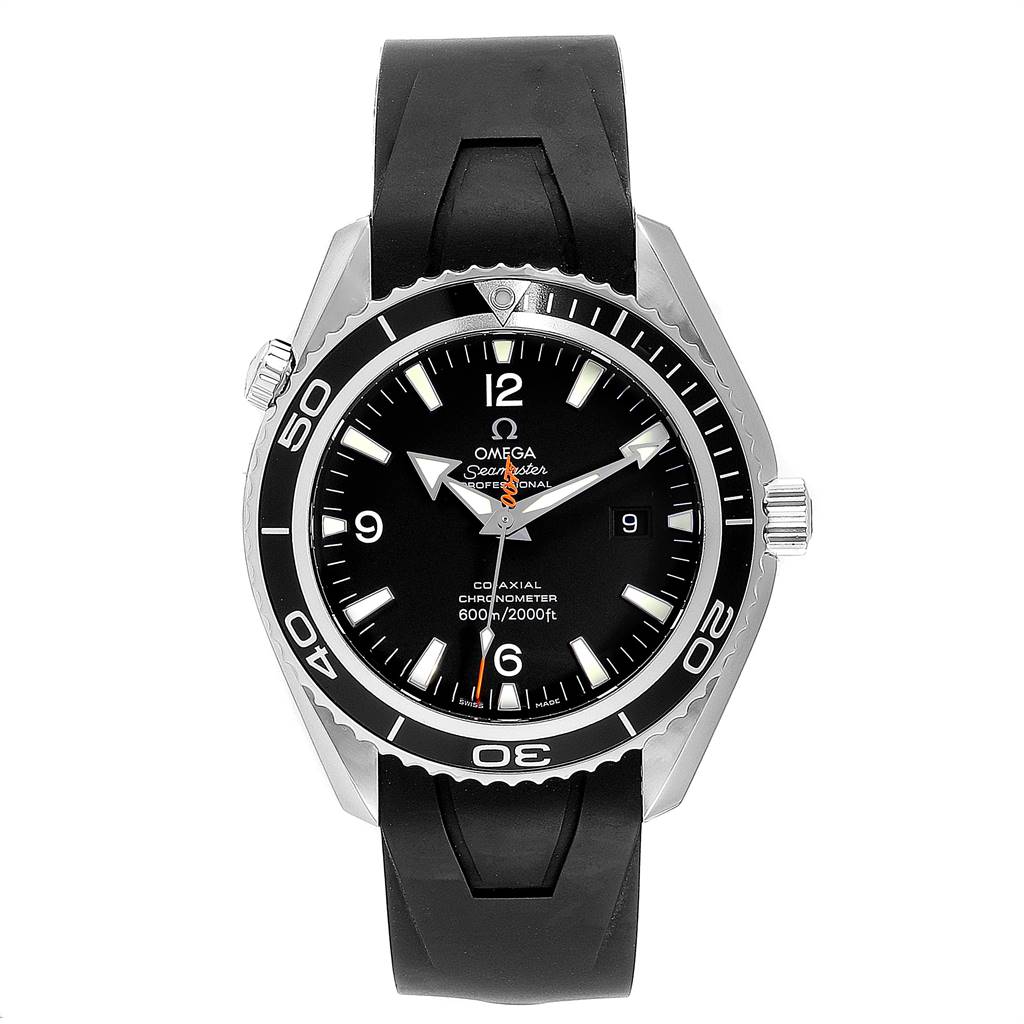 The image shows a front view of an Omega Seamaster 2907.50.91 Men
s Stainless Steel Black Dial 2907.50.91 Men
s Stainless Steel Black Dial watch featuring a black dial, black bezel, and black rubber strap.