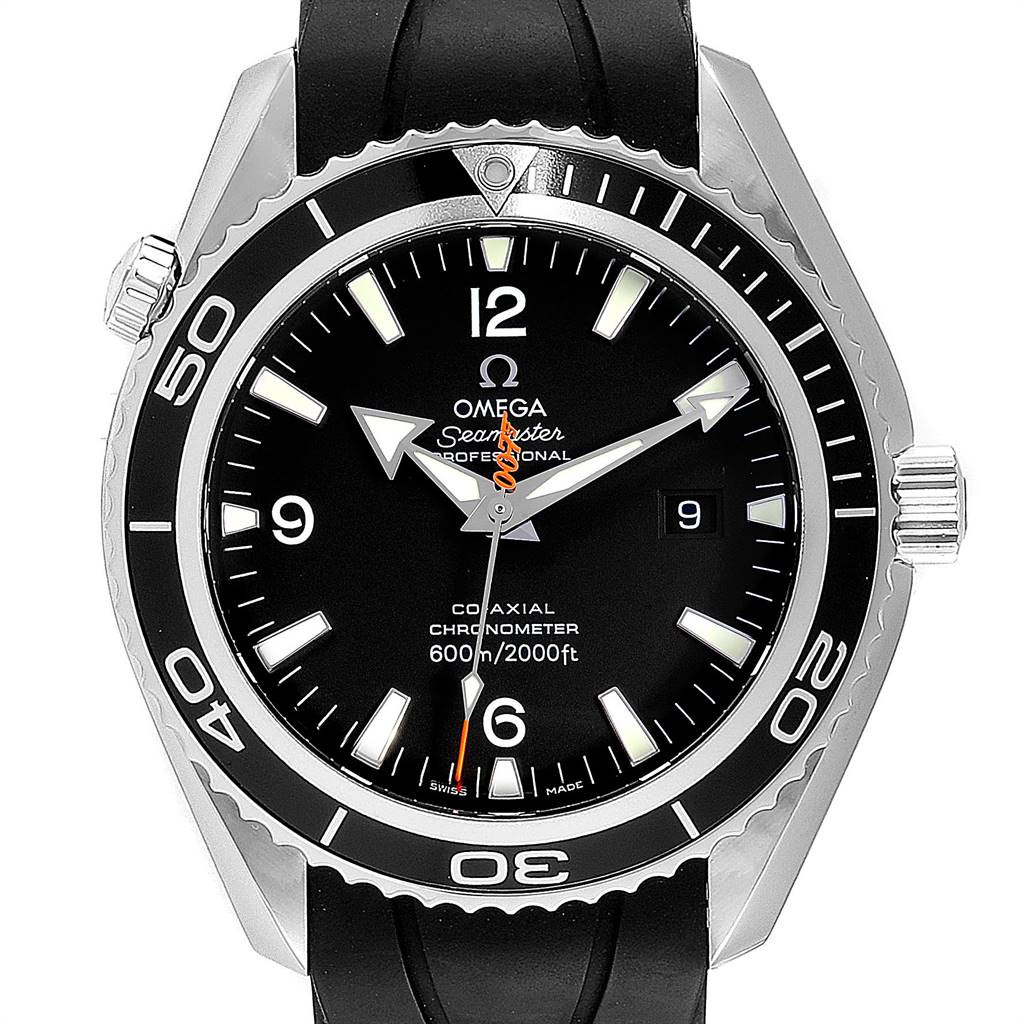 The image shows a front view of the Omega Seamaster 2907.50.91 Men
s Stainless Steel Black Dial 2907.50.91 Men
s Stainless Steel Black Dial watch, displaying the dial, bezel, crown, and part of the strap.