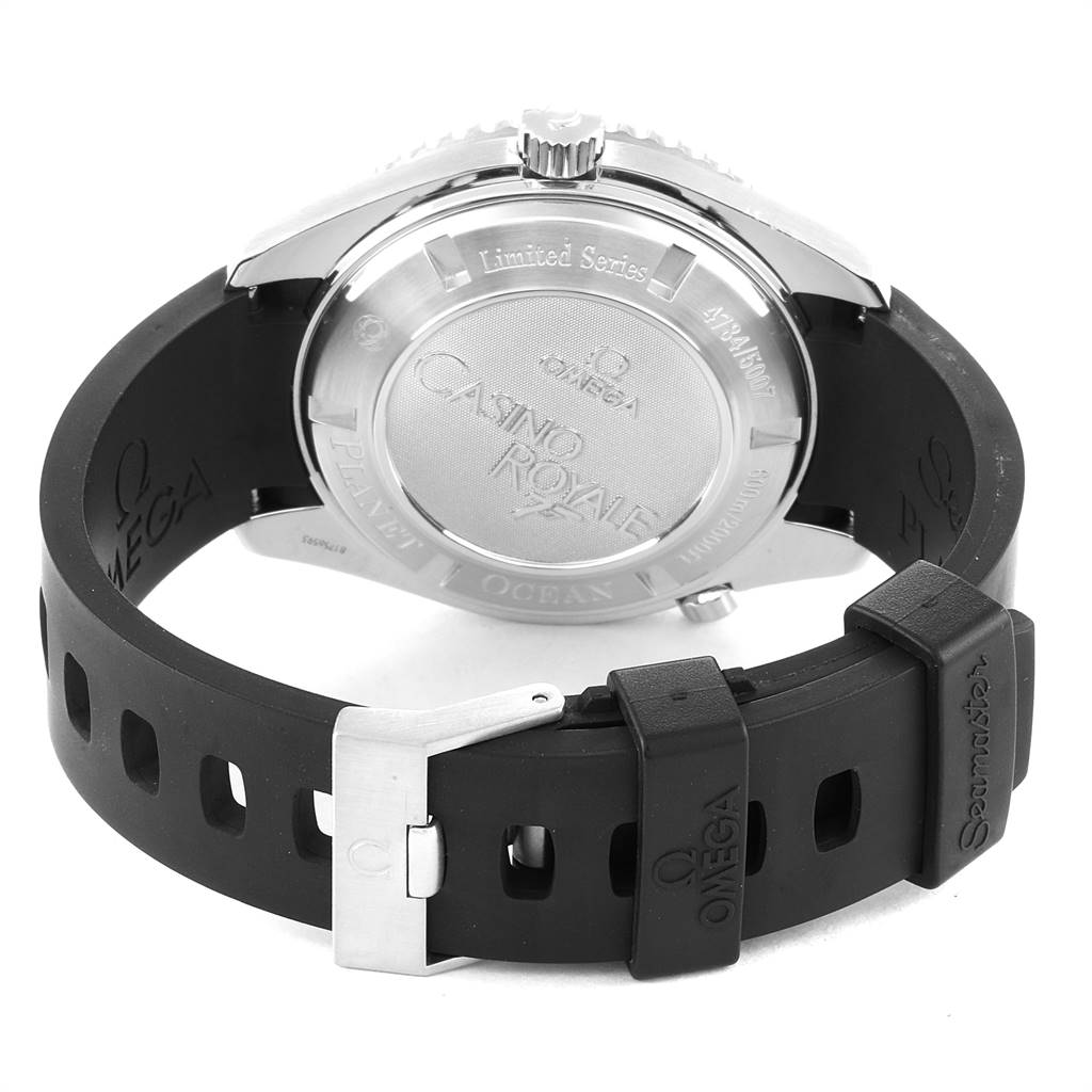 The image shows the back view of an Omega Seamaster 2907.50.91 Men
s Stainless Steel Black Dial 2907.50.91 Men
s Stainless Steel Black Dial watch, highlighting the case back and black rubber strap.