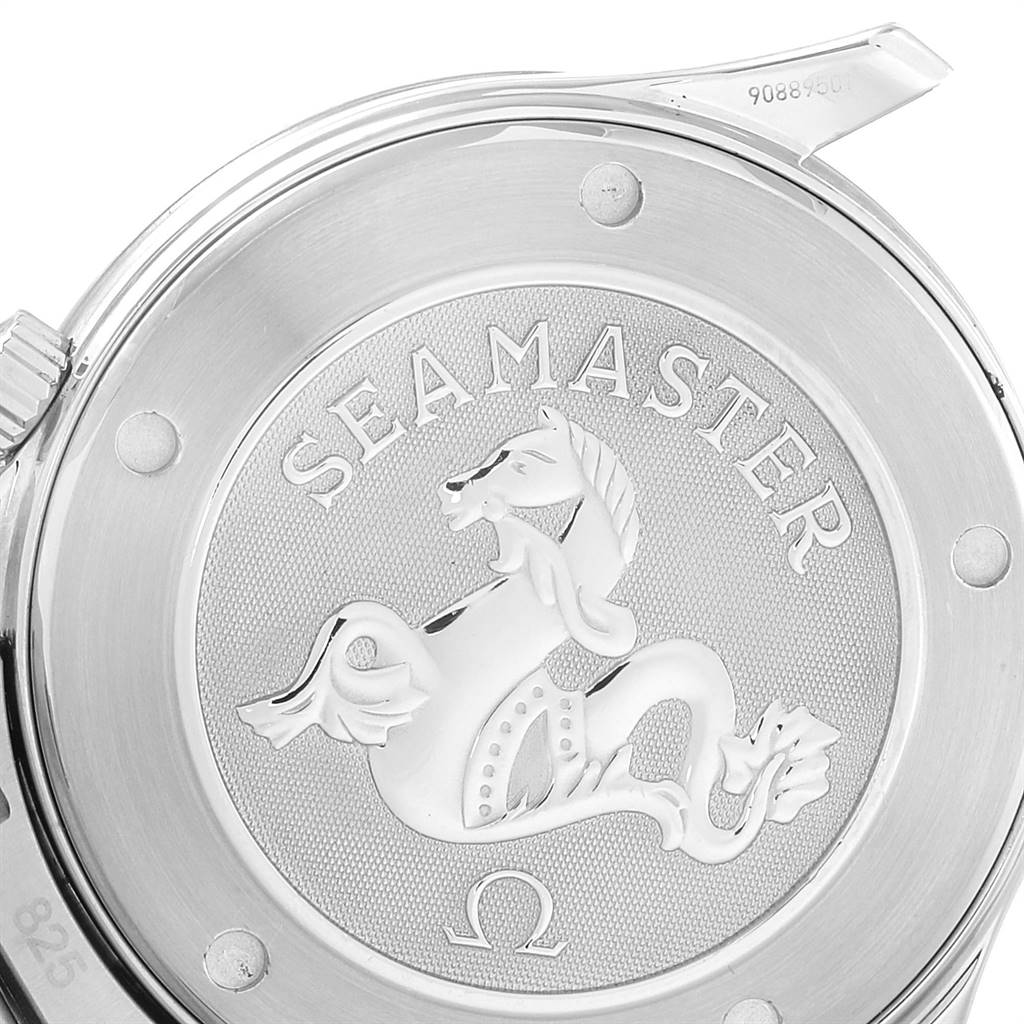 This image shows the case back of an Omega Seamaster 212.30.41.61.01.001 Men
s Stainless Steel Black Dial 212.30.41.61.01.001 Men
s Stainless Steel Black Dial watch with the Seamaster logo and branding visible.