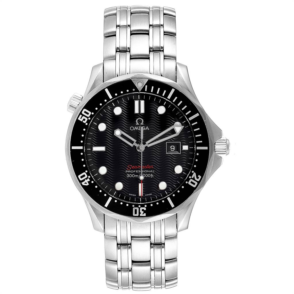 This Omega Seamaster 212.30.41.61.01.001 Men
s Stainless Steel Black Dial 212.30.41.61.01.001 Men
s Stainless Steel Black Dial watch is shown from a front angle, displaying the dial, bezel, hands, bracelet, and date window.