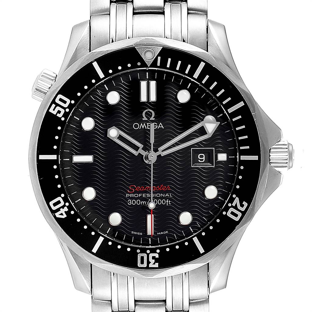 The Omega Seamaster 212.30.41.61.01.001 Men
s Stainless Steel Black Dial 212.30.41.61.01.001 Men
s Stainless Steel Black Dial watch is shown from a front angle, displaying the face, bezel, dial, and part of the bracelet.