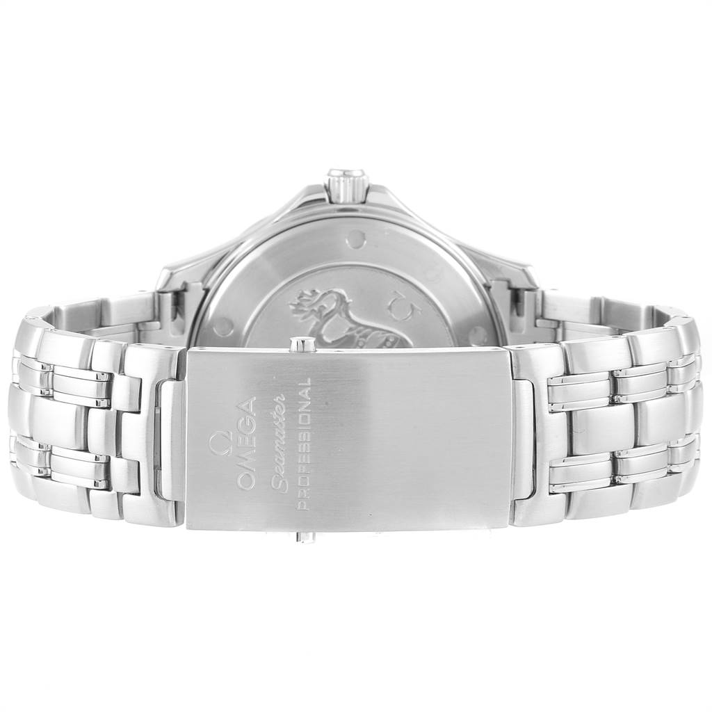 The image shows the backside of an Omega Seamaster 212.30.41.61.01.001 Men
s Stainless Steel Black Dial 212.30.41.61.01.001 Men
s Stainless Steel Black Dial watch, highlighting the bracelet and clasp.