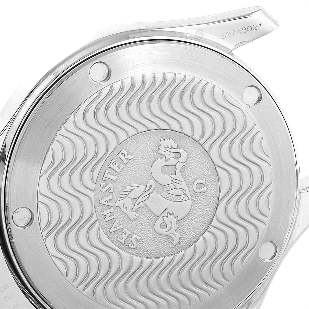 The image shows the back case of the Omega Seamaster 2311.81.00 Men's Steel and Gold (two tone) Blue Dial 2311.81.00 Men's Steel and Gold (two tone) Blue Dial watch, featuring the brand's logo and wave pattern.