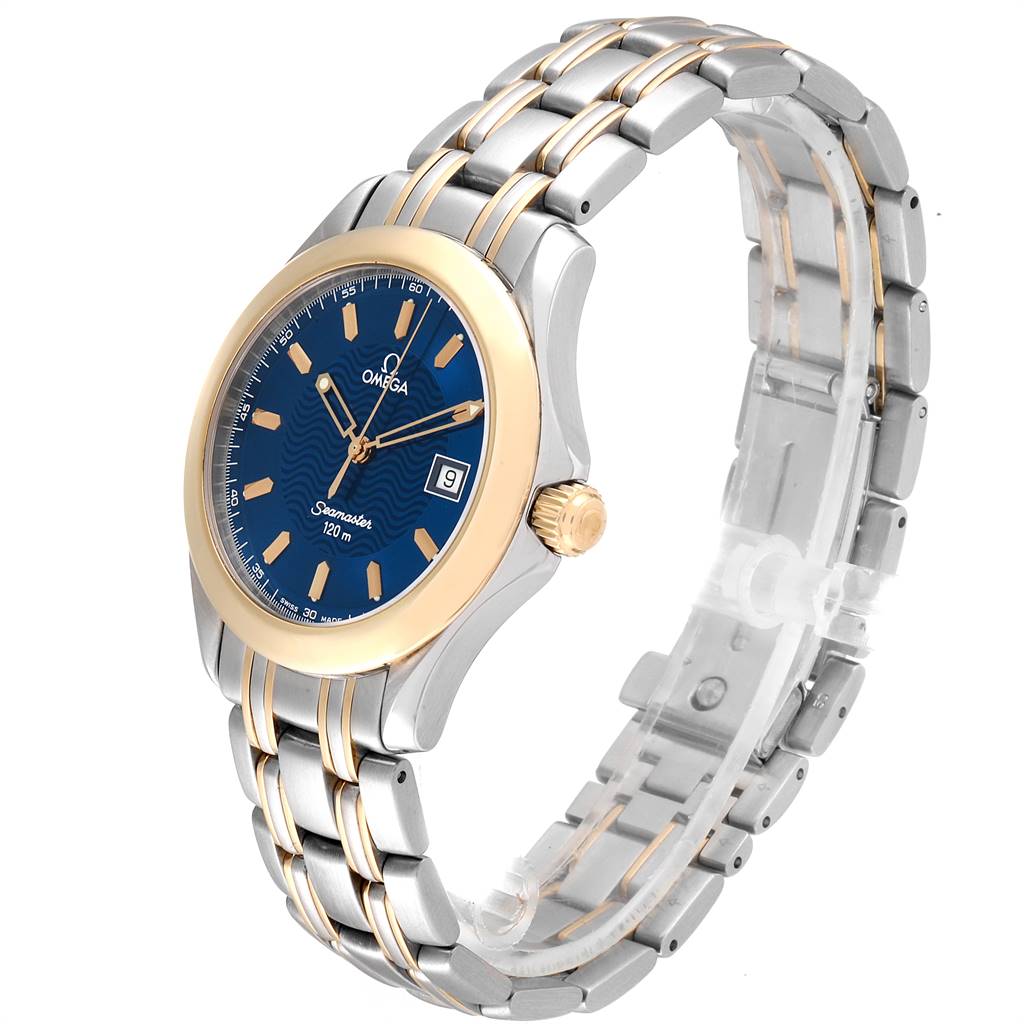 The image shows an Omega Seamaster 2311.81.00 Men's Steel and Gold (two tone) Blue Dial 2311.81.00 Men's Steel and Gold (two tone) Blue Dial watch at a three-quarter angle, highlighting the face, bezel, crown, and bracelet.
