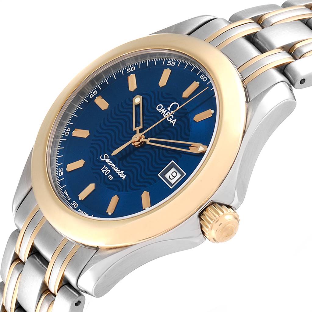 This image shows a close-up, angled view of the Omega Seamaster 2311.81.00 Men's Steel and Gold (two tone) Blue Dial 2311.81.00 Men's Steel and Gold (two tone) Blue Dial watch, highlighting its crown, bezel, dial, and part of the bracelet.