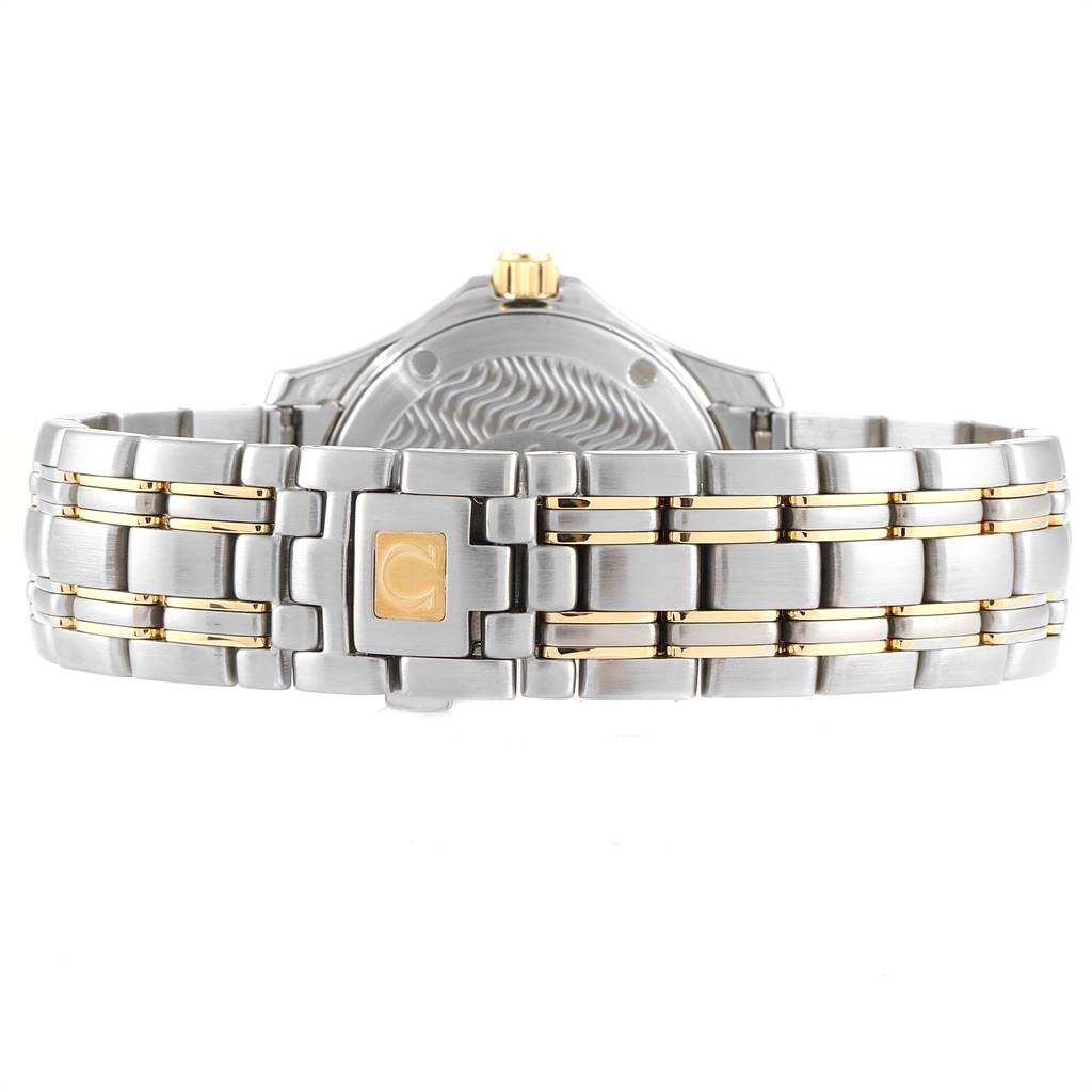 This image shows the back view of an Omega Seamaster 2311.81.00 Men's Steel and Gold (two tone) Blue Dial 2311.81.00 Men's Steel and Gold (two tone) Blue Dial watch, focusing on the metal bracelet with gold accents and clasp details.