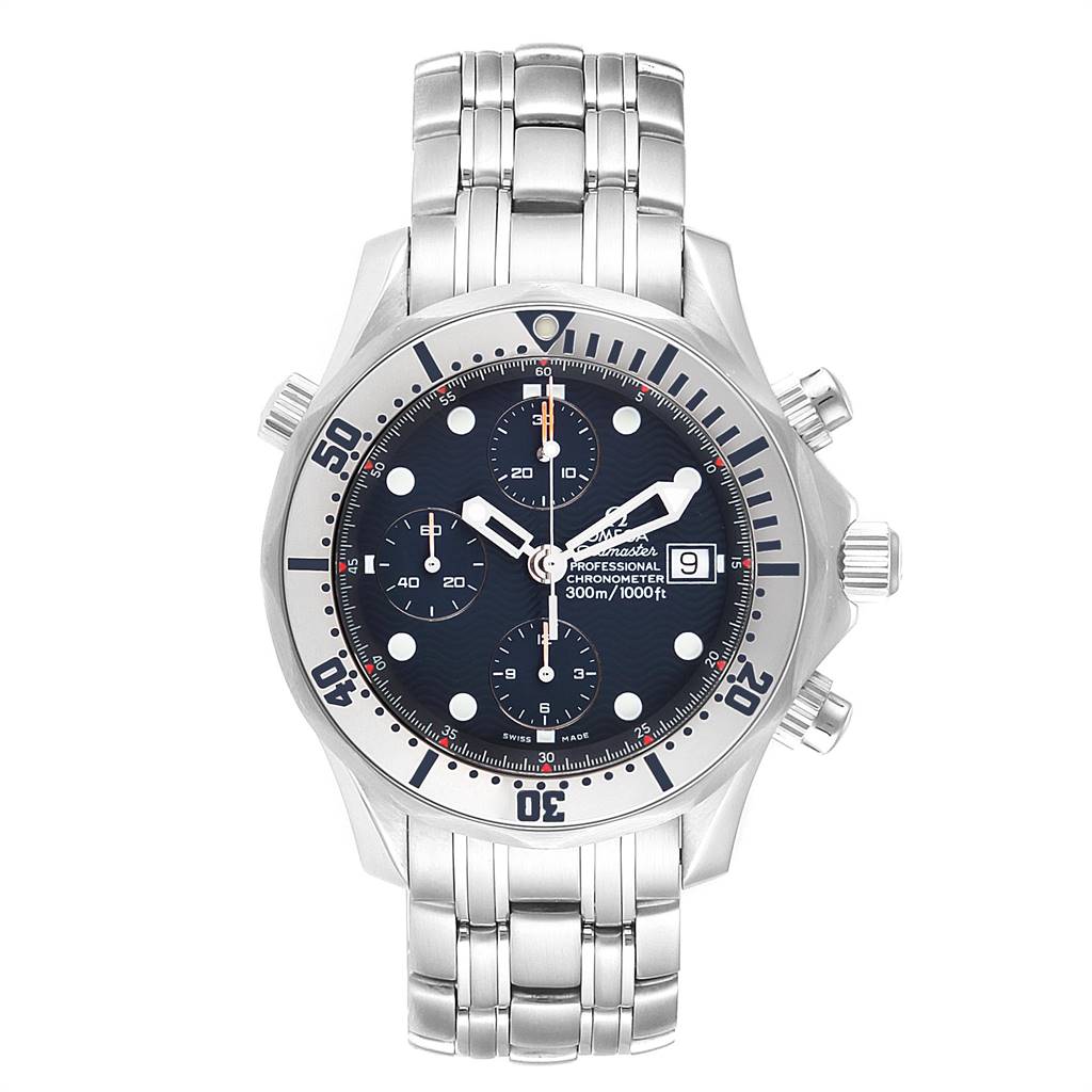 The image showcases the Omega Seamaster 2598.80.00 Men
s Stainless Steel Blue Dial 2598.80.00 Men
s Stainless Steel Blue Dial watch from a front angle, highlighting its face, band, and side buttons.