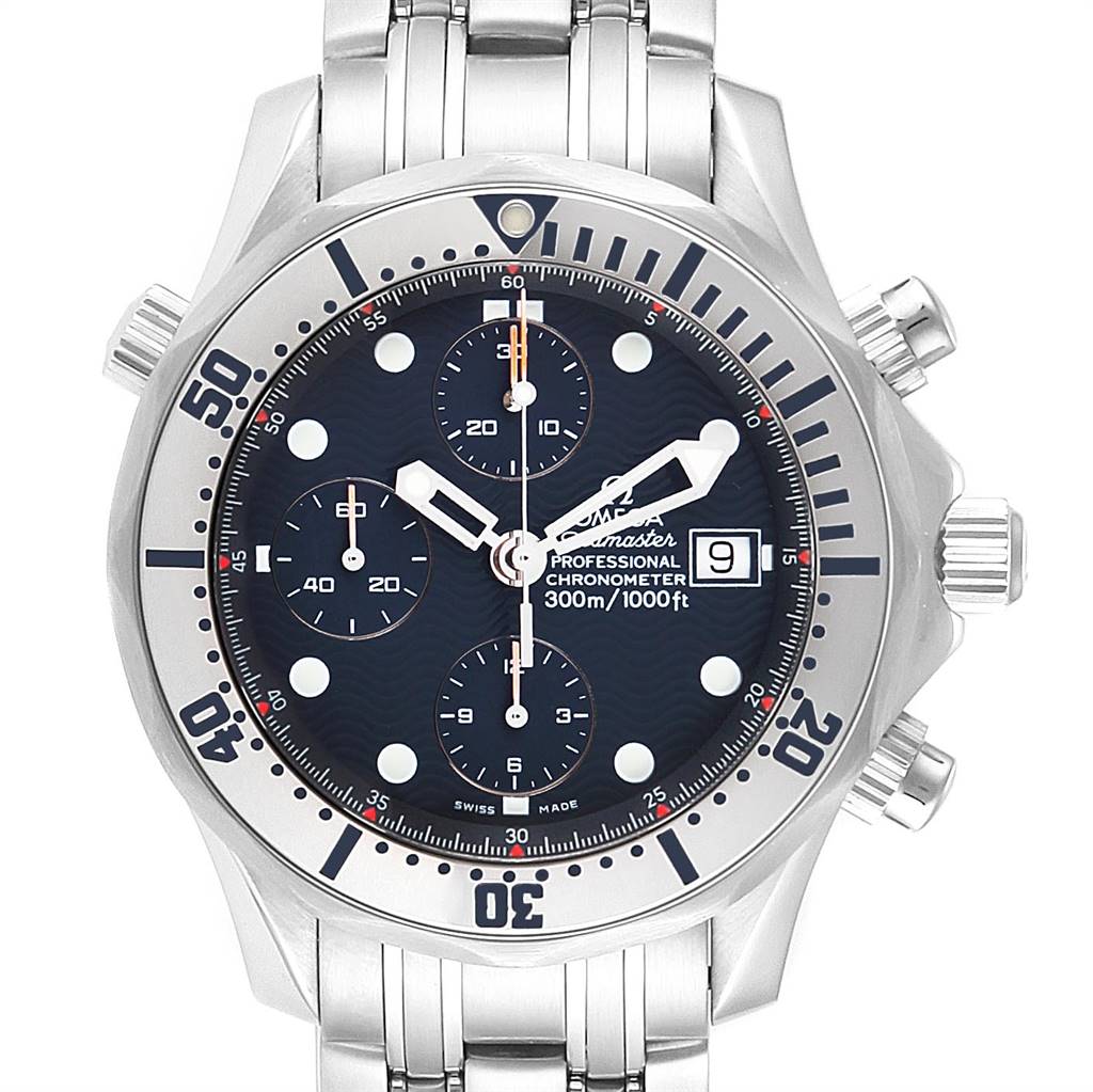 The image shows a front view of the Omega Seamaster 2598.80.00 Men
s Stainless Steel Blue Dial 2598.80.00 Men
s Stainless Steel Blue Dial watch, displaying its face, bezel, and partial bracelet.