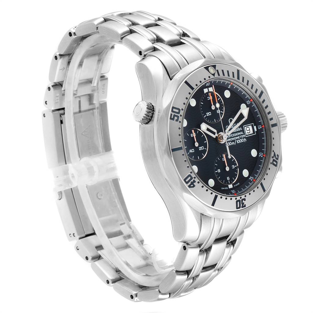 The Omega Seamaster 2598.80.00 Men
s Stainless Steel Blue Dial 2598.80.00 Men
s Stainless Steel Blue Dial watch is shown at a side angle, highlighting its metal bracelet, bezel, crown, and black dial.