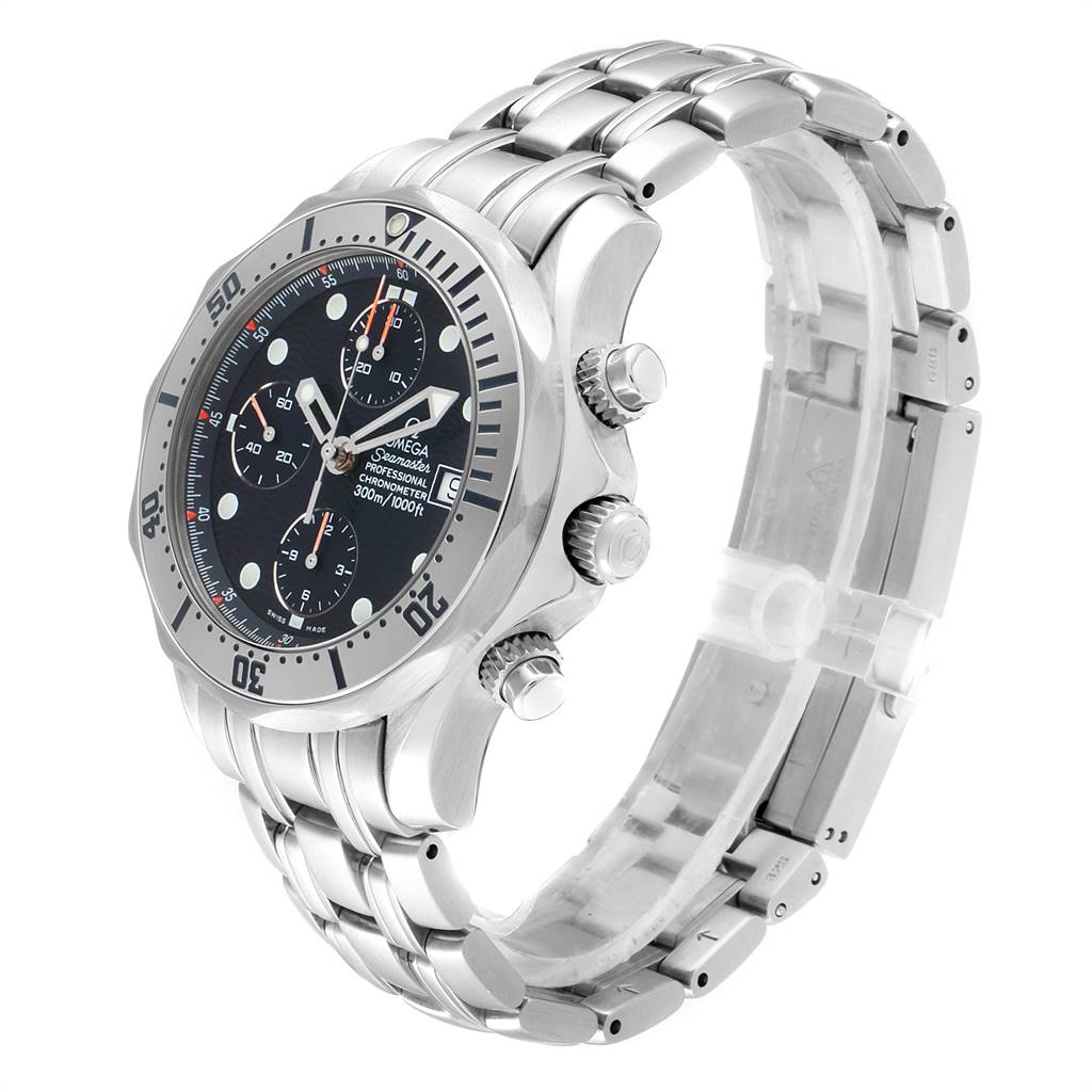 The image shows an Omega Seamaster 2598.80.00 Men
s Stainless Steel Blue Dial 2598.80.00 Men
s Stainless Steel Blue Dial watch angled to display the face, bezel, and stainless steel bracelet.