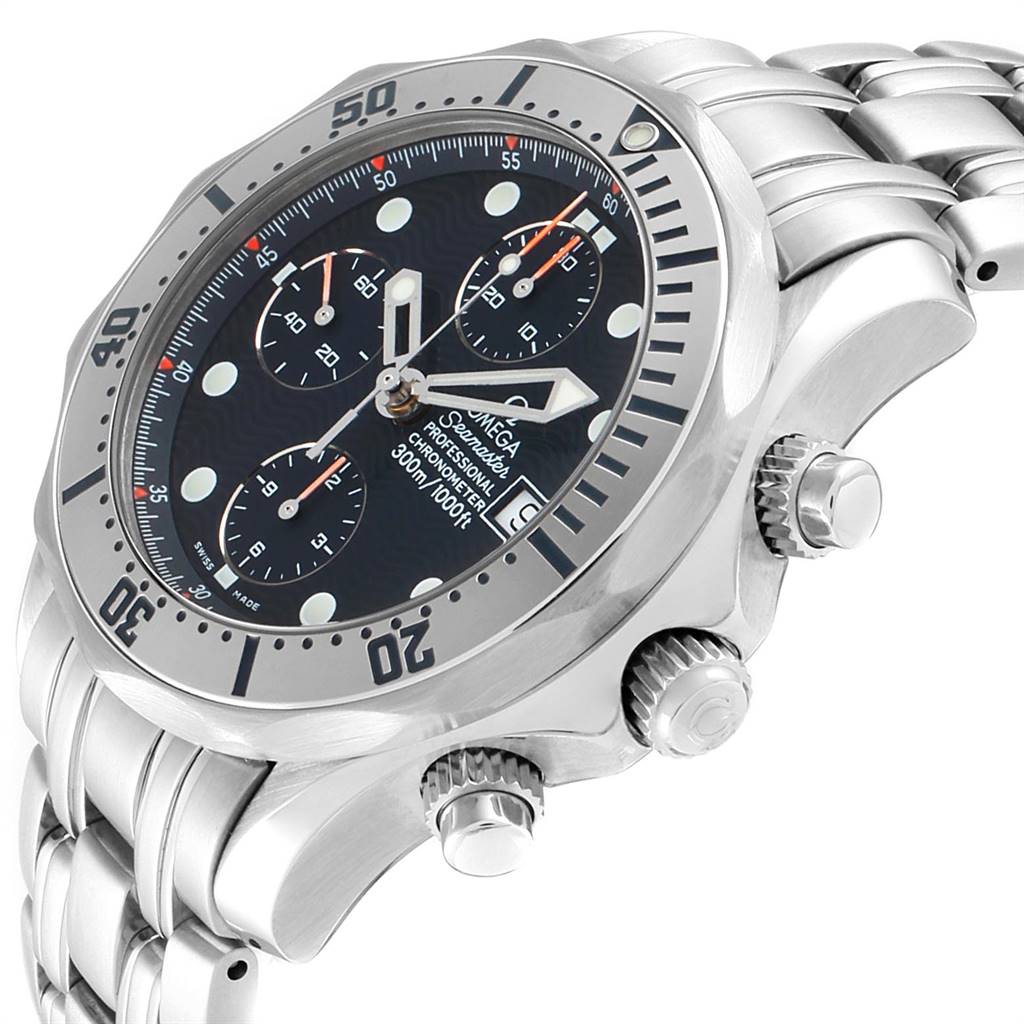 The image shows an angled close-up of an Omega Seamaster 2598.80.00 Men
s Stainless Steel Blue Dial 2598.80.00 Men
s Stainless Steel Blue Dial watch, highlighting its dial, crown, pushers, and metal bracelet.