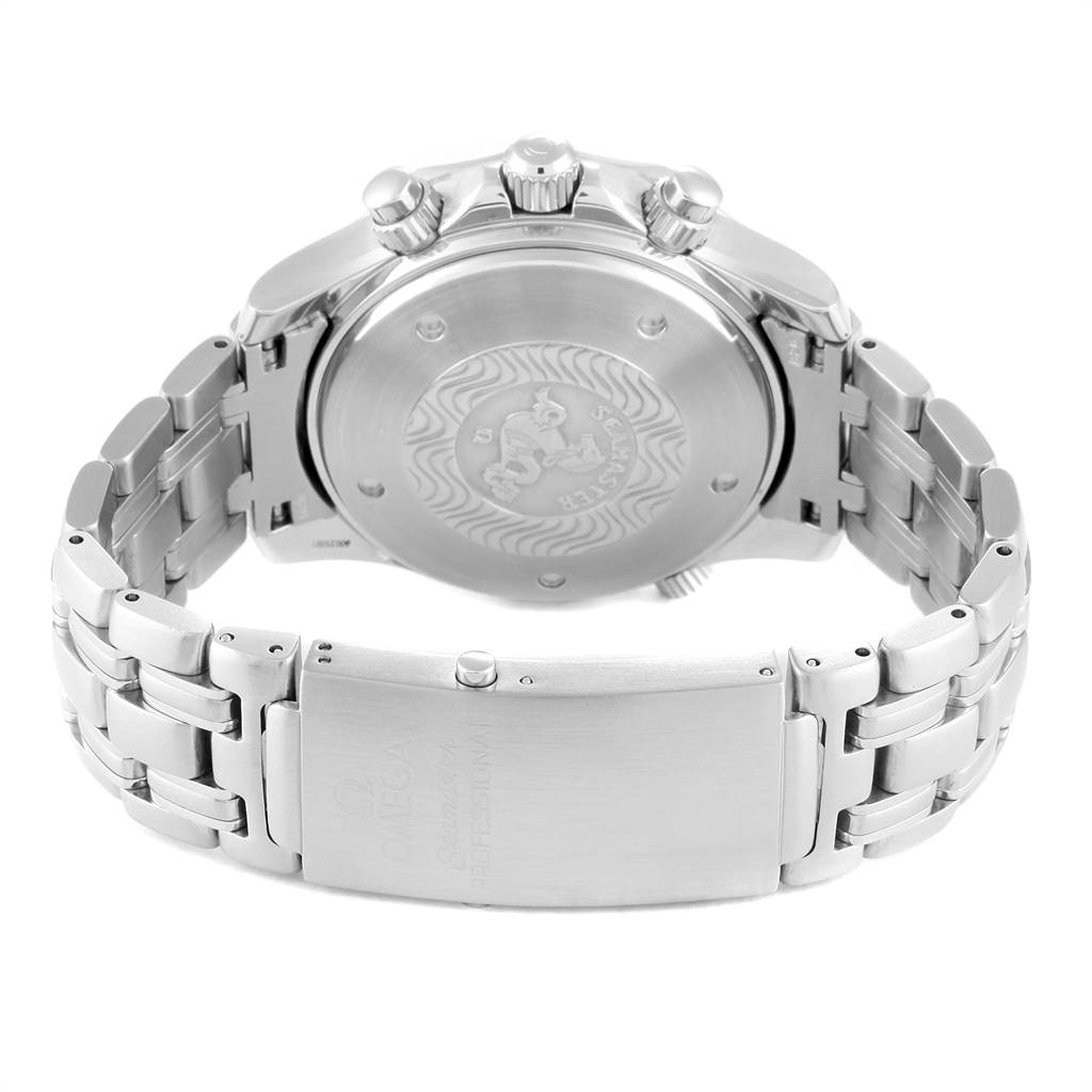 The image shows the back case, bracelet, and clasp of an Omega Seamaster 2598.80.00 Men
s Stainless Steel Blue Dial 2598.80.00 Men
s Stainless Steel Blue Dial watch from a rear angle.