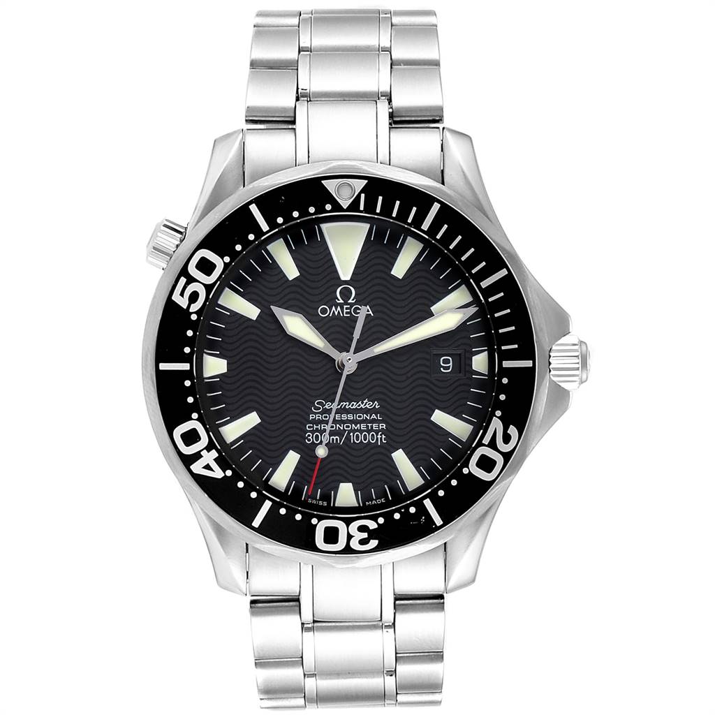 The Omega Seamaster 2254.50.00 Men
s Stainless Steel Black Dial 2254.50.00 Men
s Stainless Steel Black Dial watch is shown from a front angle, highlighting its dial, bezel, and metal bracelet.