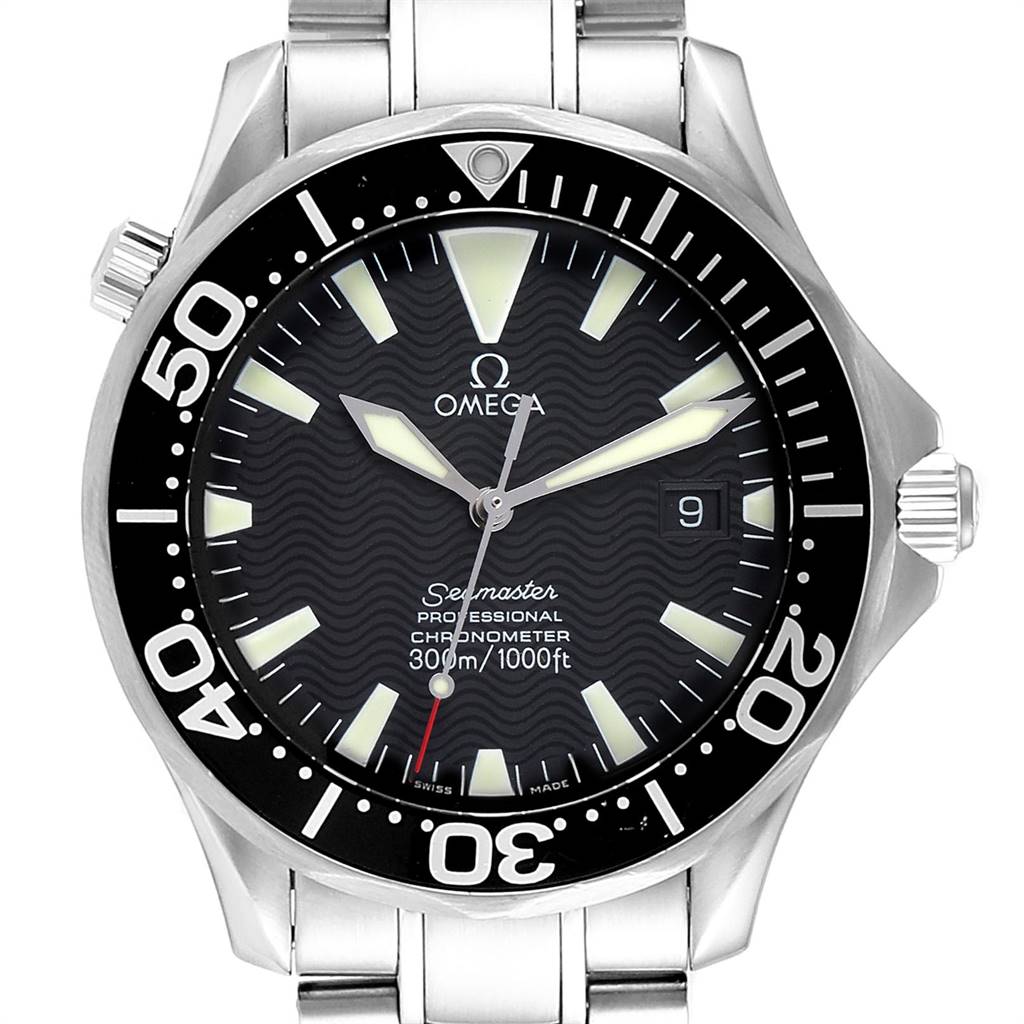 The image features a front view of the Omega Seamaster 2254.50.00 Men
s Stainless Steel Black Dial 2254.50.00 Men
s Stainless Steel Black Dial watch, showing its face, bezel, and stainless steel bracelet.