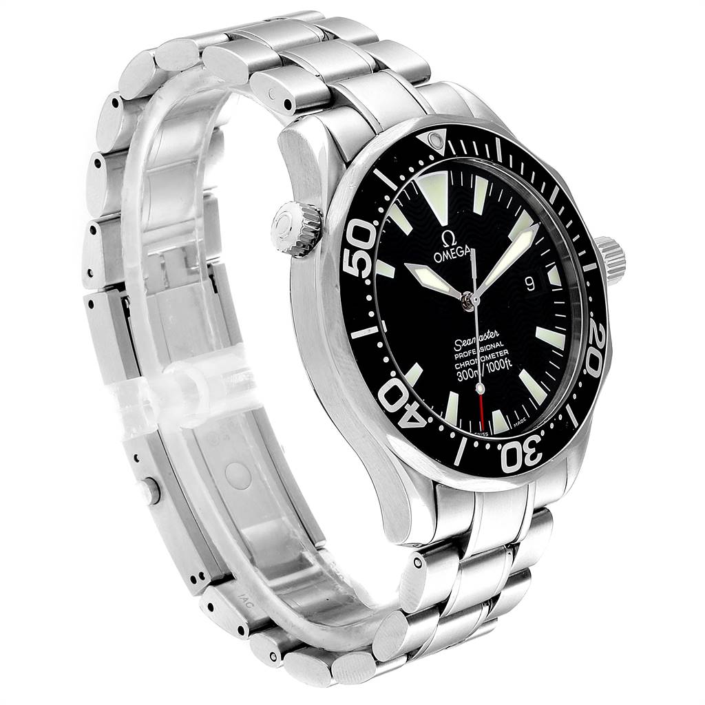 The Omega Seamaster 2254.50.00 Men
s Stainless Steel Black Dial 2254.50.00 Men
s Stainless Steel Black Dial watch is shown at a side angle, highlighting its black dial, bezel, and stainless steel bracelet.