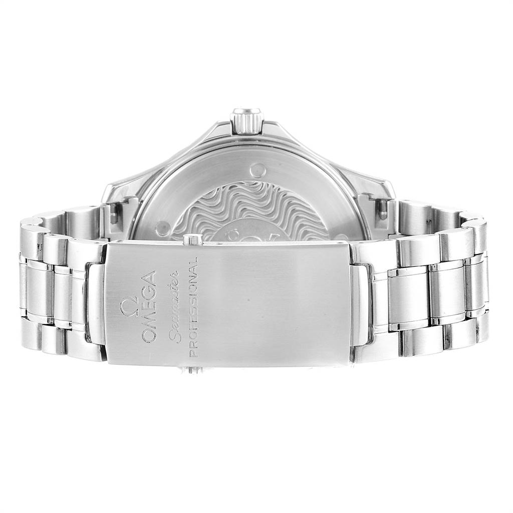 The image shows the back and clasp of an Omega Seamaster 2254.50.00 Men
s Stainless Steel Black Dial 2254.50.00 Men
s Stainless Steel Black Dial watch, highlighting the stainless steel bracelet and engraved case back.