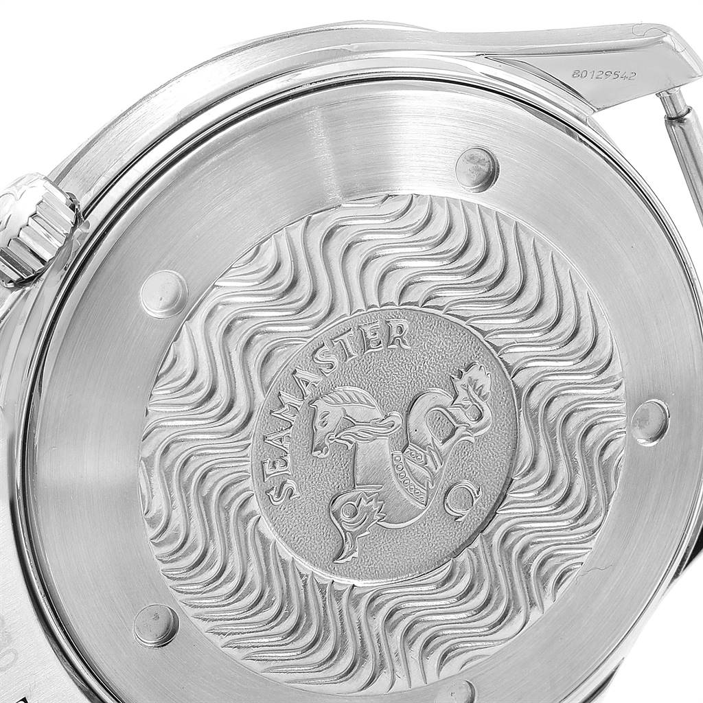 This image shows the case back of an Omega Seamaster 2254.50.00 Men
s Stainless Steel Black Dial 2254.50.00 Men
s Stainless Steel Black Dial watch along with part of the crown and lugs.