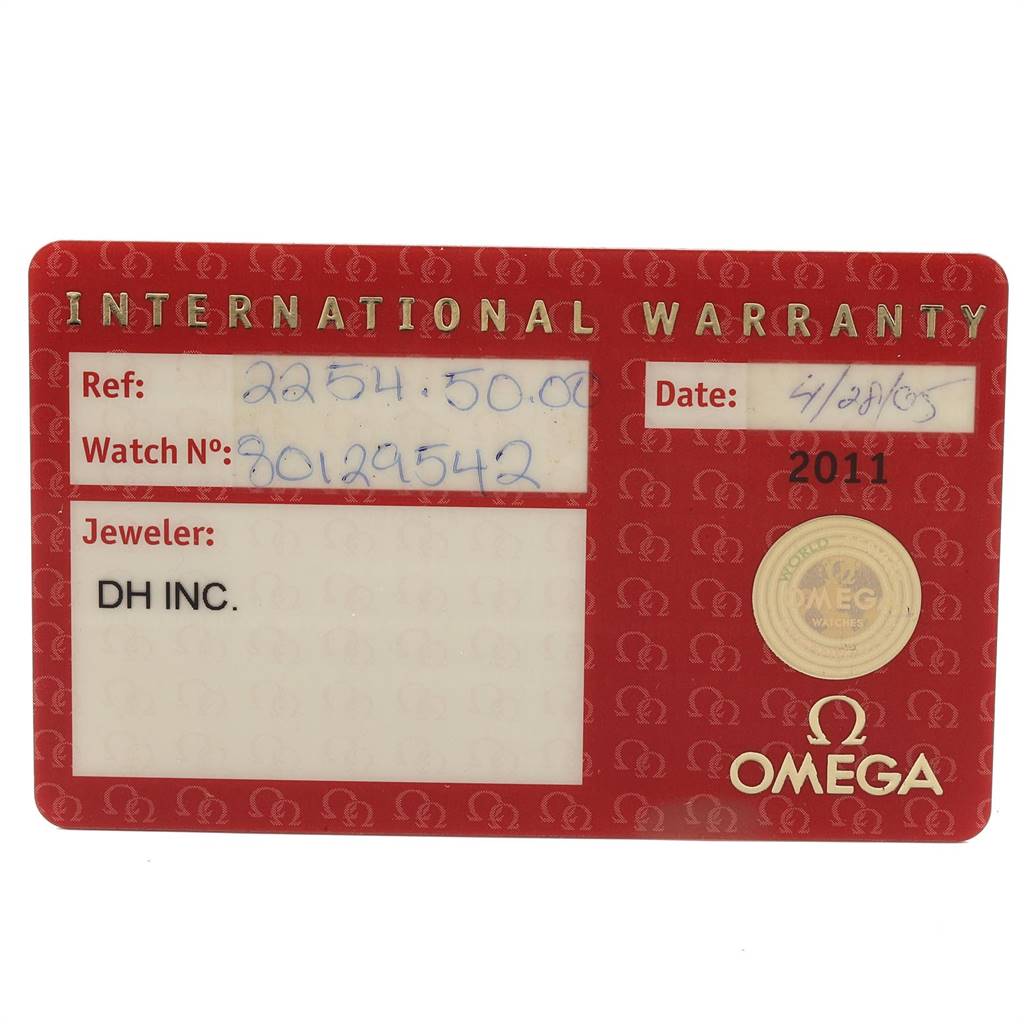 This image shows the Omega Seamaster 2254.50.00 Men
s Stainless Steel Black Dial 2254.50.00 Men
s Stainless Steel Black Dial model
s International Warranty card with reference and watch number details.