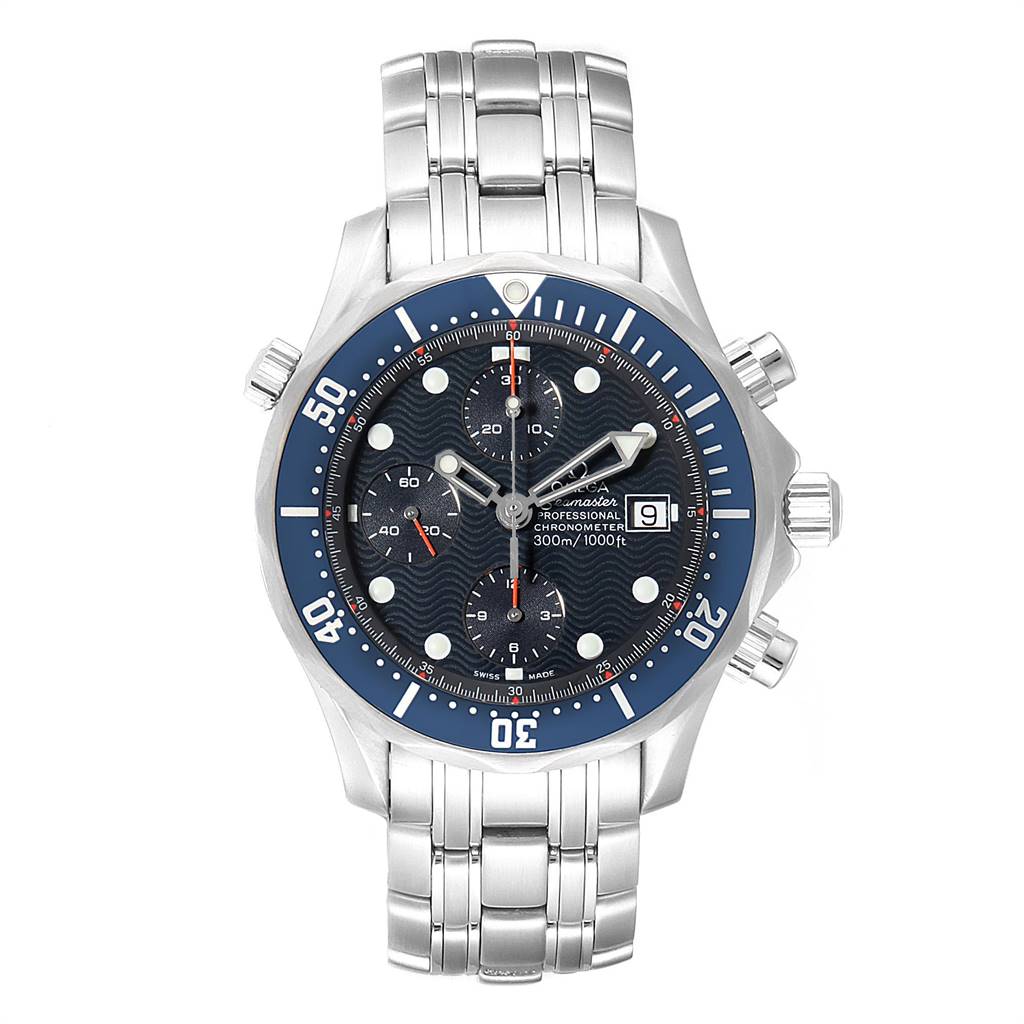 The image shows a frontal view of an Omega Seamaster 2599.80.00 Men
s Stainless Steel Blue Dial 2599.80.00 Men
s Stainless Steel Blue Dial watch, highlighting its face, bezel, chronograph buttons, and stainless steel bracelet.