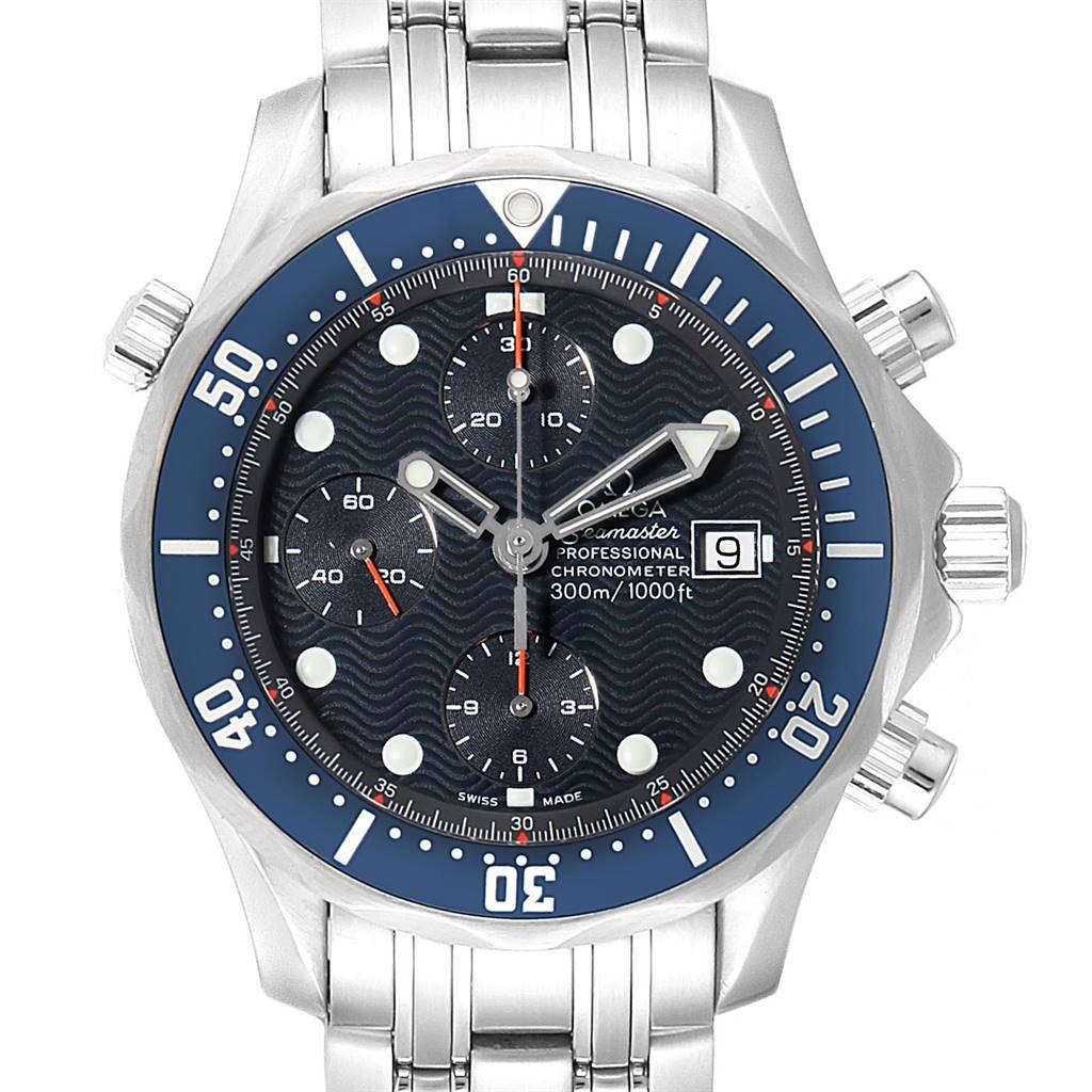 The Omega Seamaster 2599.80.00 Men
s Stainless Steel Blue Dial 2599.80.00 Men
s Stainless Steel Blue Dial watch is shown from the front, displaying the dial, bezel, and part of the stainless steel bracelet.
