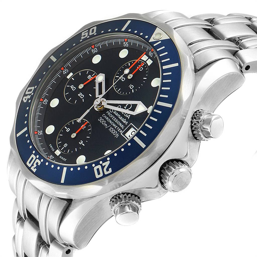 The image shows an Omega Seamaster 2599.80.00 Men
s Stainless Steel Blue Dial 2599.80.00 Men
s Stainless Steel Blue Dial watch with a side-angle view of the face, bezel, crown, pushers, and part of the bracelet.