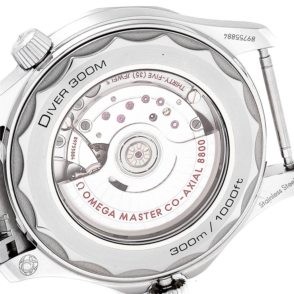 This image shows the back of the Omega Seamaster 210.30.42.20.01.001 Men
s Stainless Steel Black Dial 210.30.42.20.01.001 Men
s Stainless Steel Black Dial watch, highlighting the movement and "Diver 300M" engraving.
