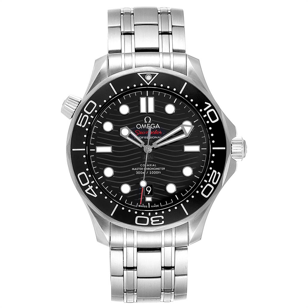 The image shows a front view of an Omega Seamaster 210.30.42.20.01.001 Men
s Stainless Steel Black Dial 210.30.42.20.01.001 Men
s Stainless Steel Black Dial watch, displaying its dial, bezel, and stainless steel bracelet.