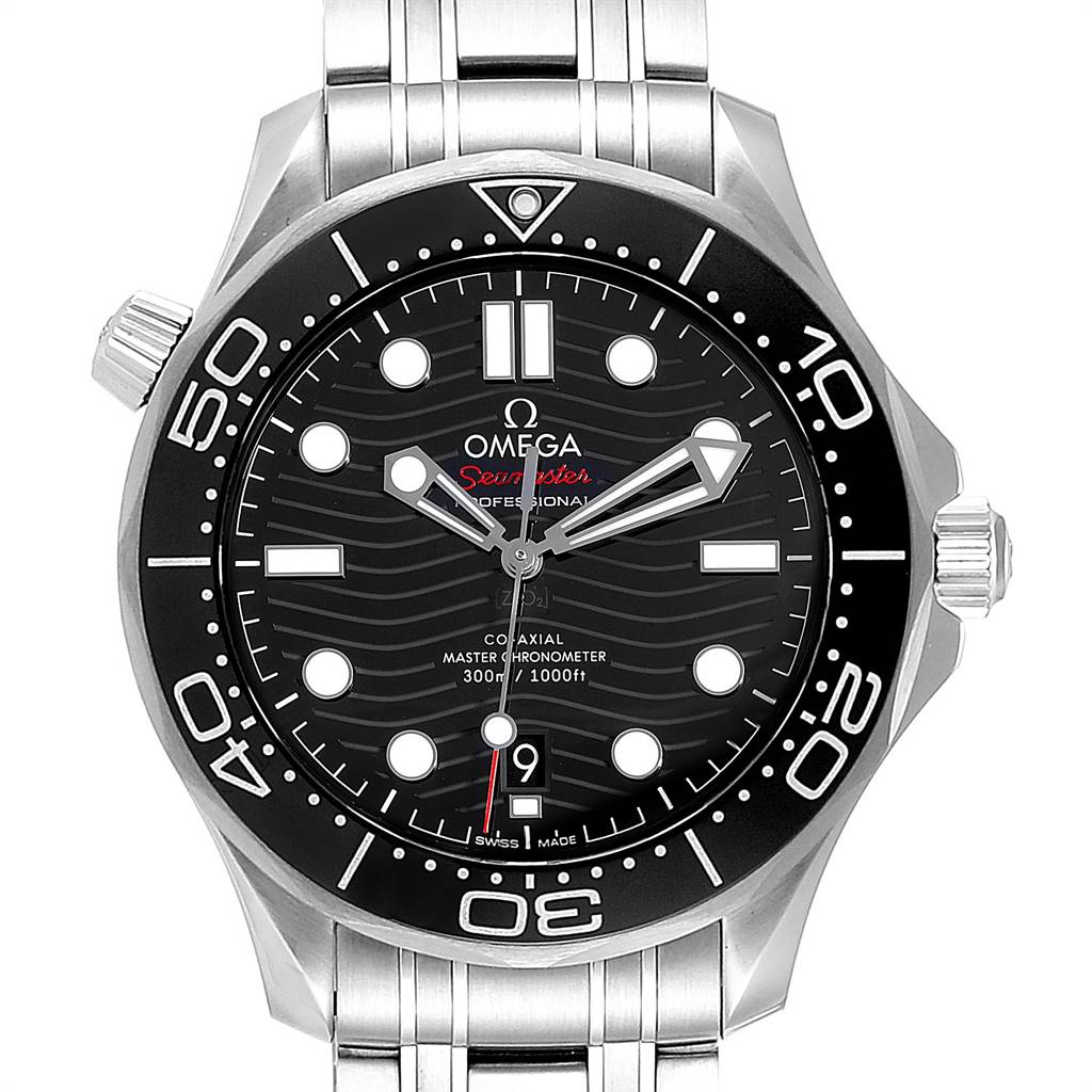 This image shows a frontal view of the Omega Seamaster 210.30.42.20.01.001 Men
s Stainless Steel Black Dial 210.30.42.20.01.001 Men
s Stainless Steel Black Dial watch featuring its black dial, bezel, and stainless-steel bracelet.