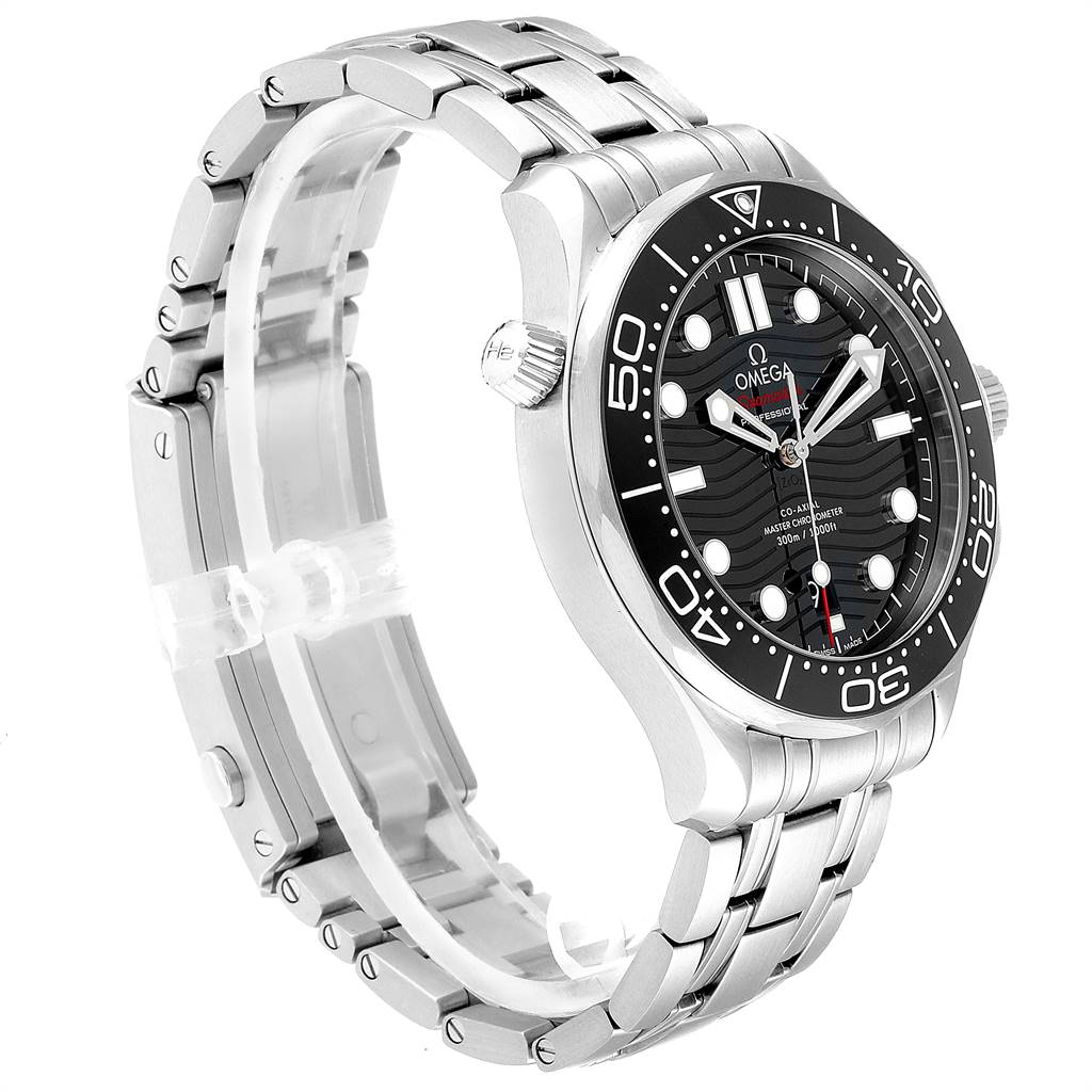 The image shows an Omega Seamaster 210.30.42.20.01.001 Men
s Stainless Steel Black Dial 210.30.42.20.01.001 Men
s Stainless Steel Black Dial watch angled from the front right, displaying the face, bezel, crown, and metal bracelet.