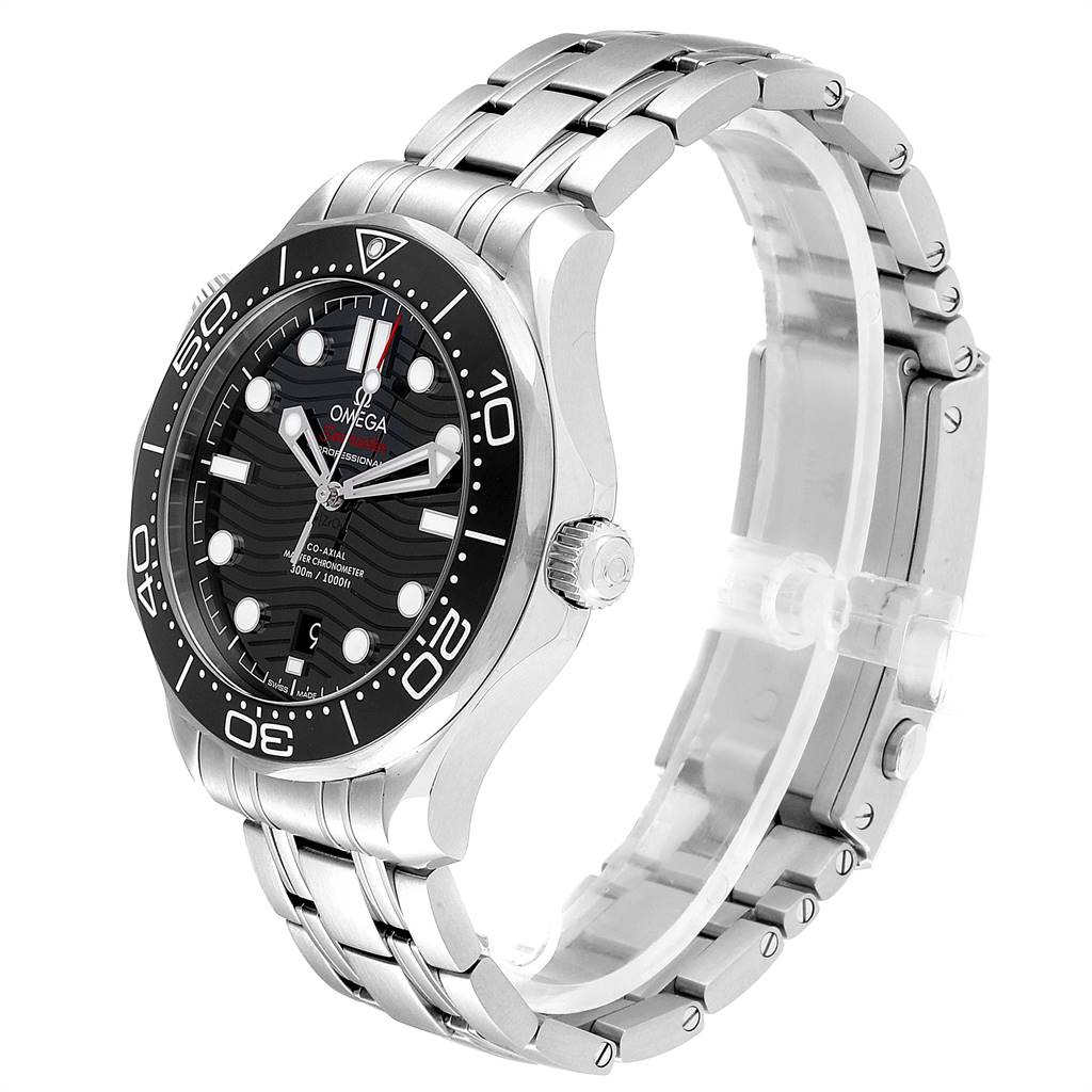 The image shows an Omega Seamaster 210.30.42.20.01.001 Men
s Stainless Steel Black Dial 210.30.42.20.01.001 Men
s Stainless Steel Black Dial watch at a three-quarter angle, highlighting the black dial, bezel, and stainless steel bracelet.