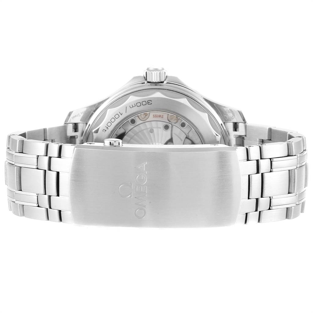 The image shows the back view of an Omega Seamaster 210.30.42.20.01.001 Men
s Stainless Steel Black Dial 210.30.42.20.01.001 Men
s Stainless Steel Black Dial watch, highlighting the clasp and bracelet.