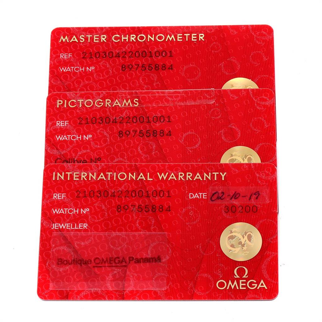 The image shows Master Chronometer, Pictograms, and International Warranty cards for the Omega Seamaster 210.30.42.20.01.001 Men
s Stainless Steel Black Dial 210.30.42.20.01.001 Men
s Stainless Steel Black Dial watch model.