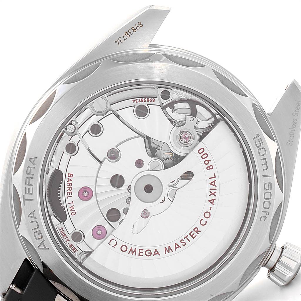 The image shows the back view of the Omega Seamaster 220.12.41.21.02.002 Men
s Stainless Steel Silver Dial 220.12.41.21.02.002 Men
s Stainless Steel Silver Dial Aqua Terra, showcasing its Co-Axial 8900 movement.