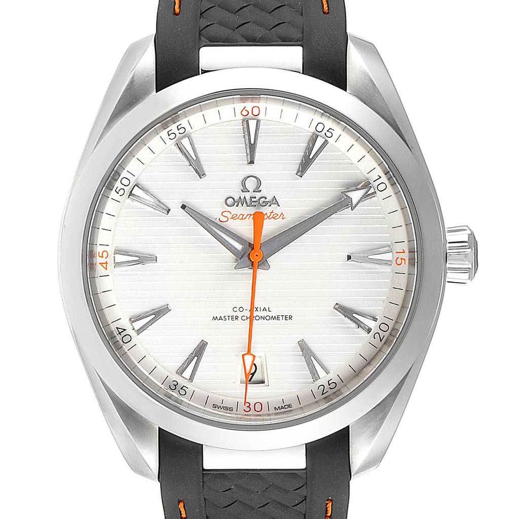 This image shows a front view of the Omega Seamaster 220.12.41.21.02.002 Men
s Stainless Steel Silver Dial 220.12.41.21.02.002 Men
s Stainless Steel Silver Dial watch, displaying the full dial, hands, and part of the strap.