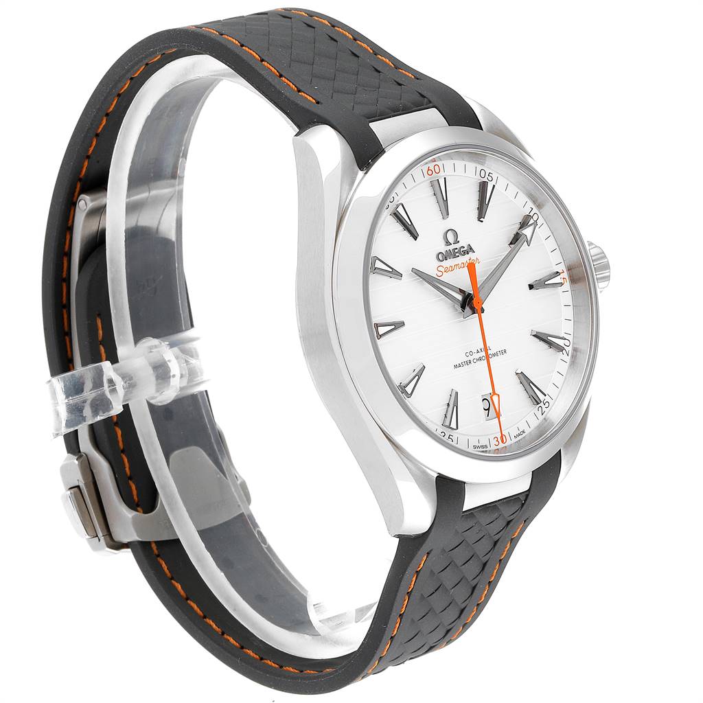 This image shows the Omega Seamaster 220.12.41.21.02.002 Men
s Stainless Steel Silver Dial 220.12.41.21.02.002 Men
s Stainless Steel Silver Dial watch from a side angle, highlighting its face, bezel, and strap.