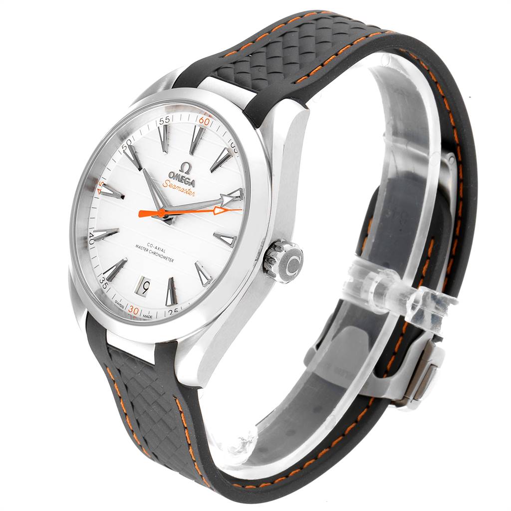 The Omega Seamaster 220.12.41.21.02.002 Men
s Stainless Steel Silver Dial 220.12.41.21.02.002 Men
s Stainless Steel Silver Dial watch is shown from a three-quarter angle, showcasing its face, crown, and strap.