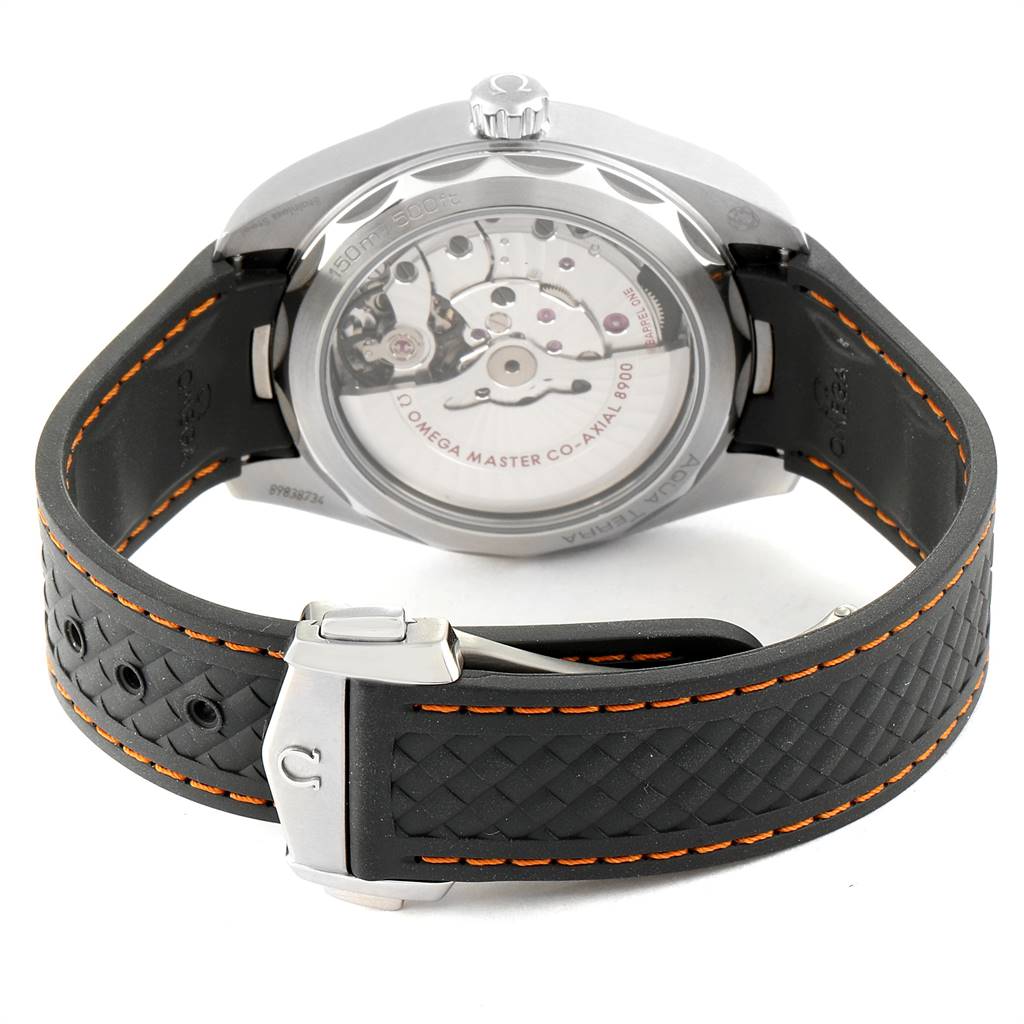 This image shows the back view of the Omega Seamaster 220.12.41.21.02.002 Men
s Stainless Steel Silver Dial 220.12.41.21.02.002 Men
s Stainless Steel Silver Dial watch, highlighting the transparent case back and the strap.