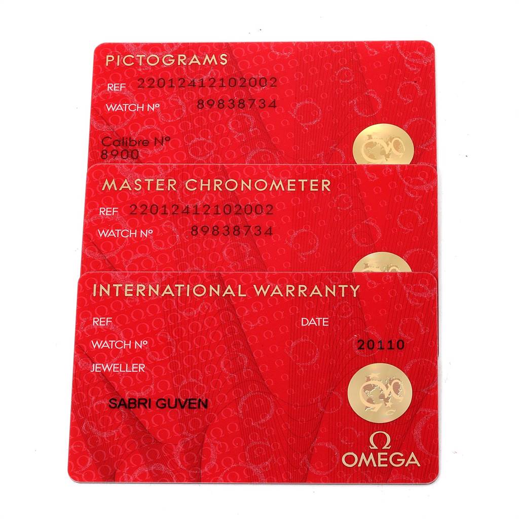 The image shows three red cards for the Omega Seamaster 220.12.41.21.02.002 Men
s Stainless Steel Silver Dial 220.12.41.21.02.002 Men
s Stainless Steel Silver Dial watch: pictograms, master chronometer, and international warranty.