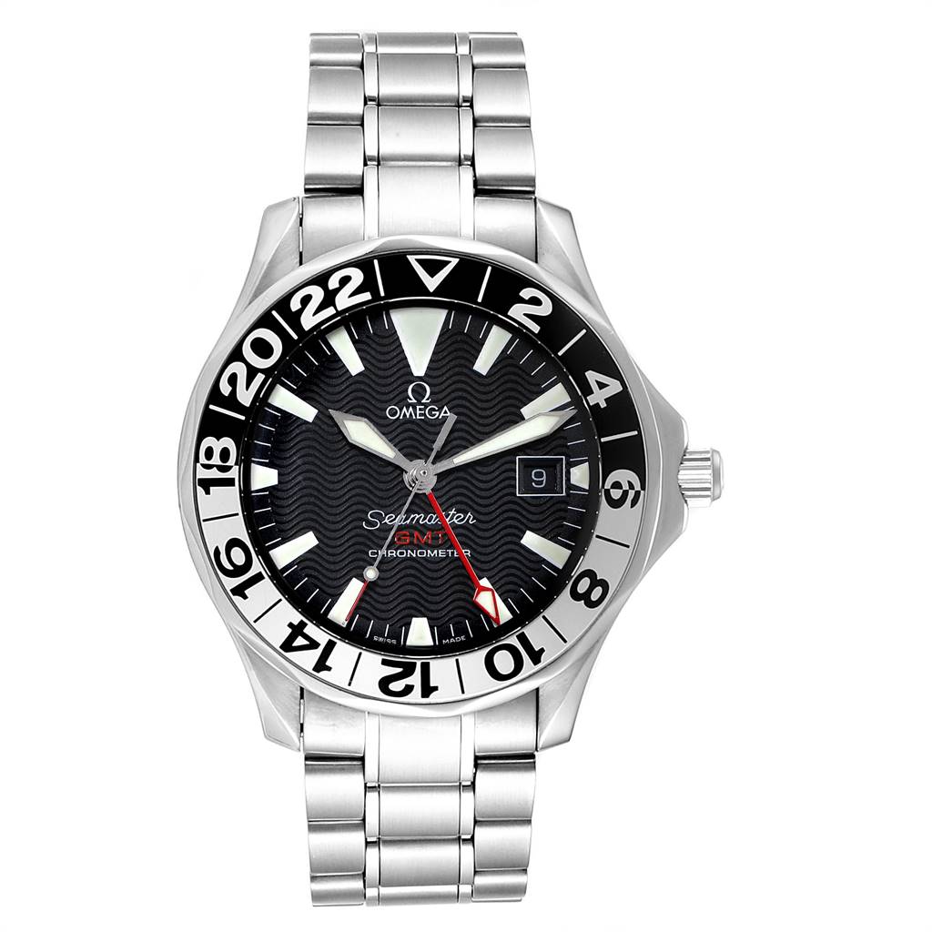 The image shows a front view of an Omega Seamaster 2536.50.00 Men
s Stainless Steel Black Dial 2536.50.00 Men
s Stainless Steel Black Dial watch, displaying its face, bezel, and metal bracelet.