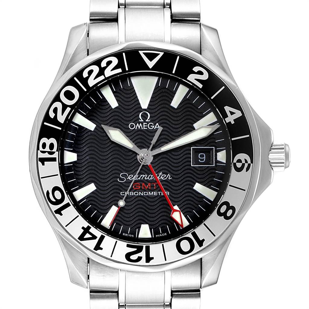 The image shows a front view of the Omega Seamaster 2536.50.00 Men
s Stainless Steel Black Dial 2536.50.00 Men
s Stainless Steel Black Dial GMT Chronometer with a steel bracelet and black dial.