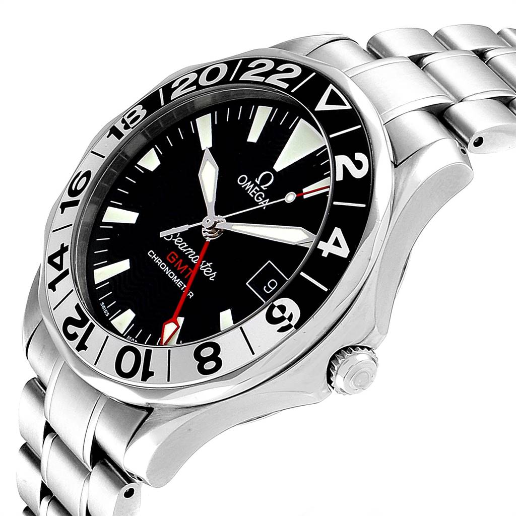 The image shows the front and side view of an Omega Seamaster 2536.50.00 Men
s Stainless Steel Black Dial 2536.50.00 Men
s Stainless Steel Black Dial GMT Chronometer watch, highlighting the dial and stainless steel bracelet.