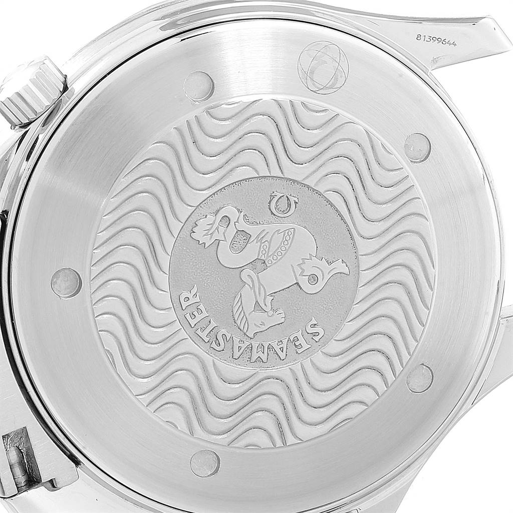 This image shows the back case of an Omega Seamaster 2254.50.00 Men
s Stainless Steel Black Dial 2254.50.00 Men
s Stainless Steel Black Dial watch with engravings and a wave pattern design.