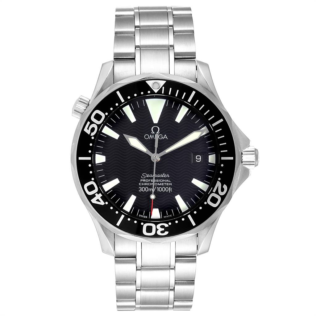 The Omega Seamaster 2254.50.00 Men
s Stainless Steel Black Dial 2254.50.00 Men
s Stainless Steel Black Dial watch is shown from a frontal angle, displaying its dial, bezel, and stainless steel bracelet.