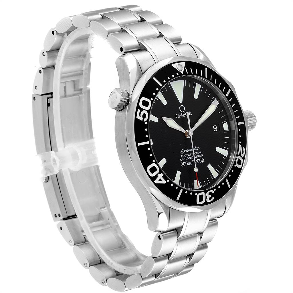 The Omega Seamaster 2254.50.00 Men
s Stainless Steel Black Dial 2254.50.00 Men
s Stainless Steel Black Dial watch is shown at a slight angle, highlighting its black dial, stainless steel bracelet, and rotating bezel.