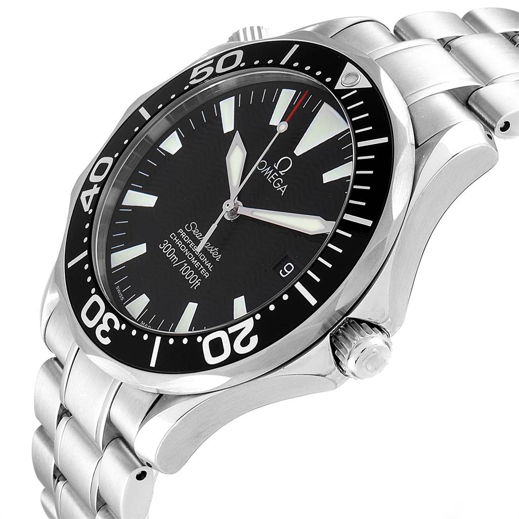 The image shows an Omega Seamaster 2254.50.00 Men
s Stainless Steel Black Dial 2254.50.00 Men
s Stainless Steel Black Dial watch from a side angle highlighting the bezel, dial, crown, and bracelet.
