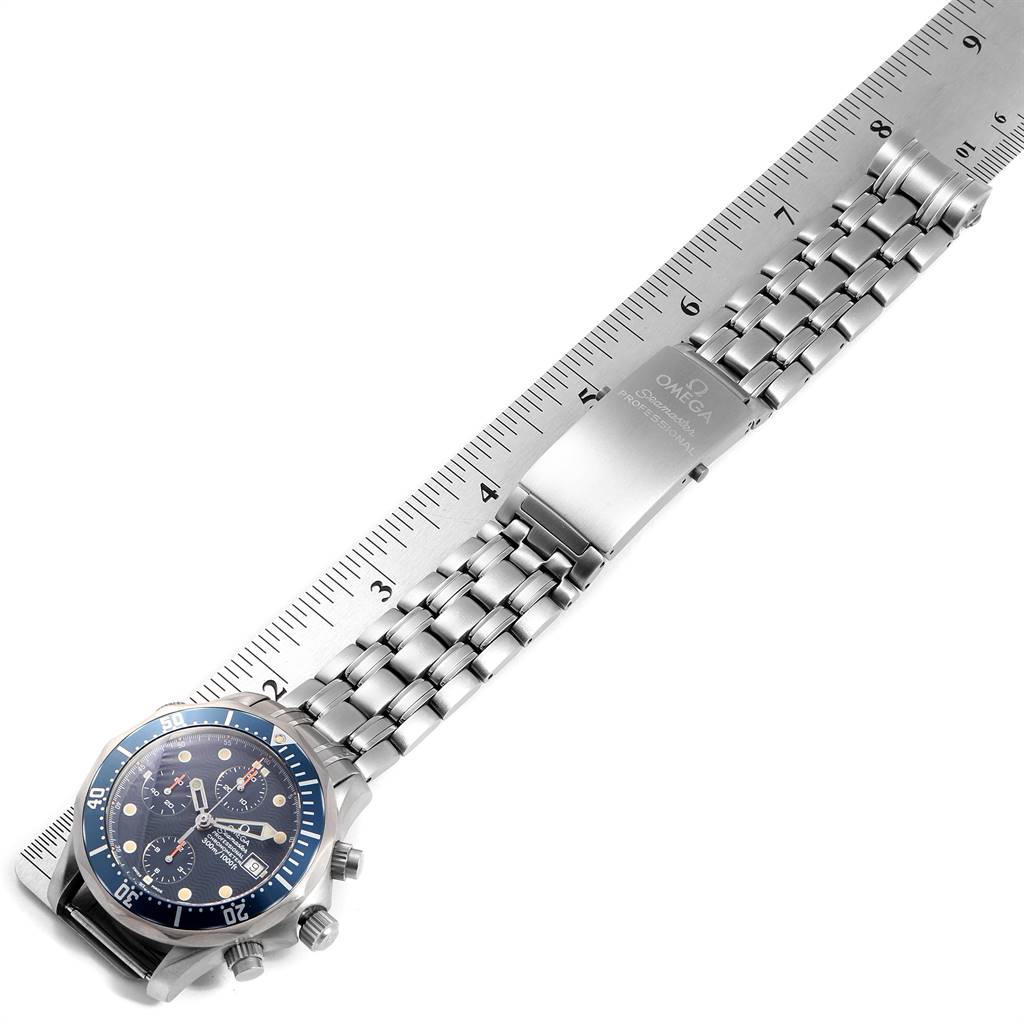 The Omega Seamaster 2298.80.00 Men
s Titanium Blue Dial 2298.80.00 Men
s Titanium Blue Dial watch is shown from an overhead angle, displaying the dial, bracelet, and clasp.