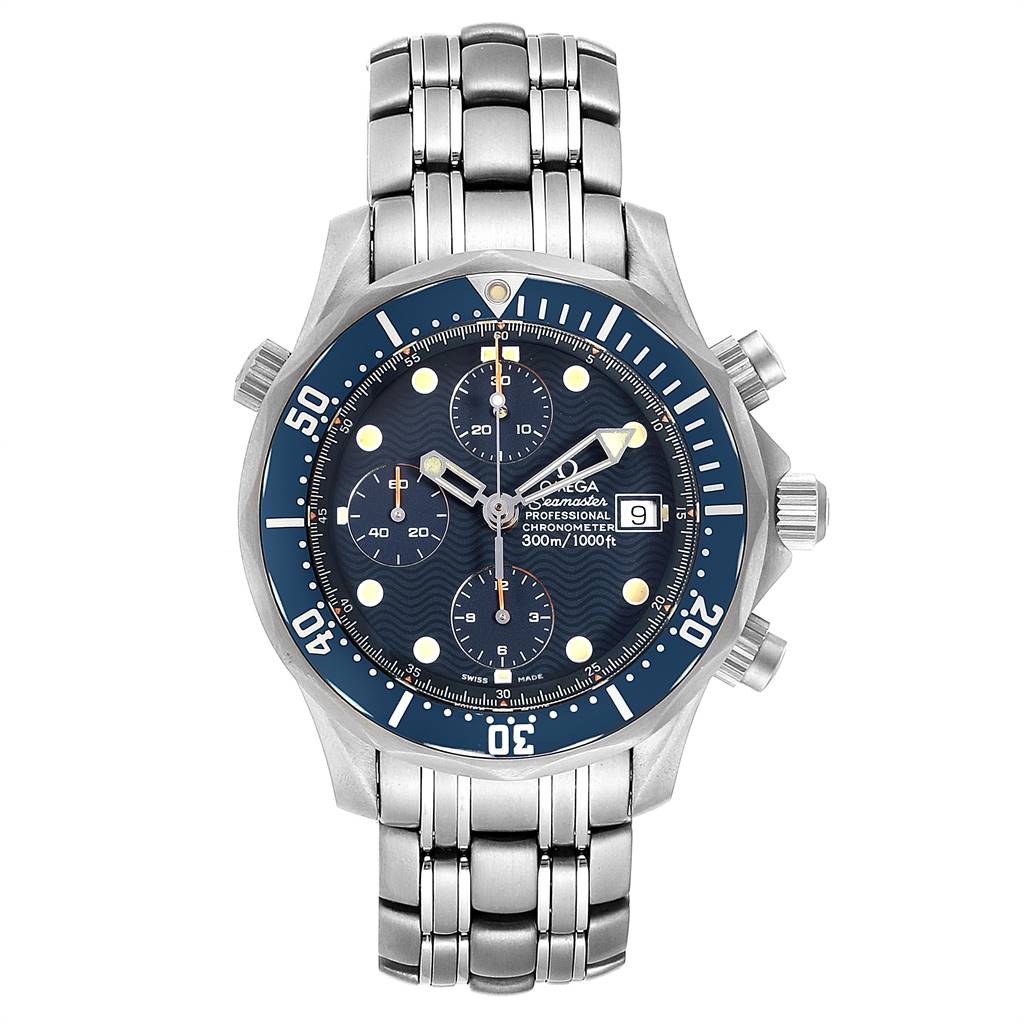 The Omega Seamaster 2298.80.00 Men
s Titanium Blue Dial 2298.80.00 Men
s Titanium Blue Dial watch is shown from a front angle, displaying its face, bezel, chronograph dials, and bracelet.